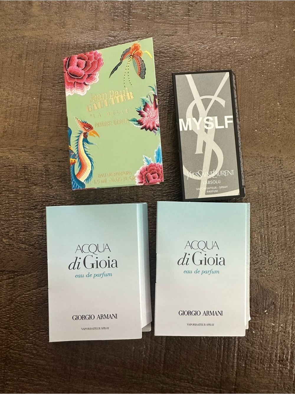 set of perfumes Jean Paul Gaultier La Belle Paradise Garden, YSL, Acqua di Gioia